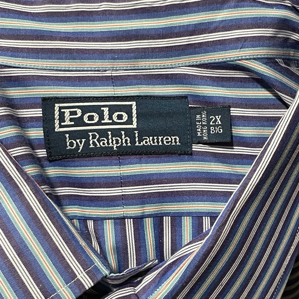 VTG Polo Ralph Lauren Shirt Men's 2XB Big Striped Blue Purple Long Sleeve Cotton